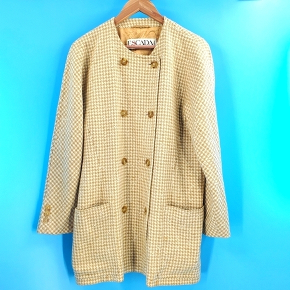 Escada herringbone tweed tan wool coat 42 - Picture 1 of 16